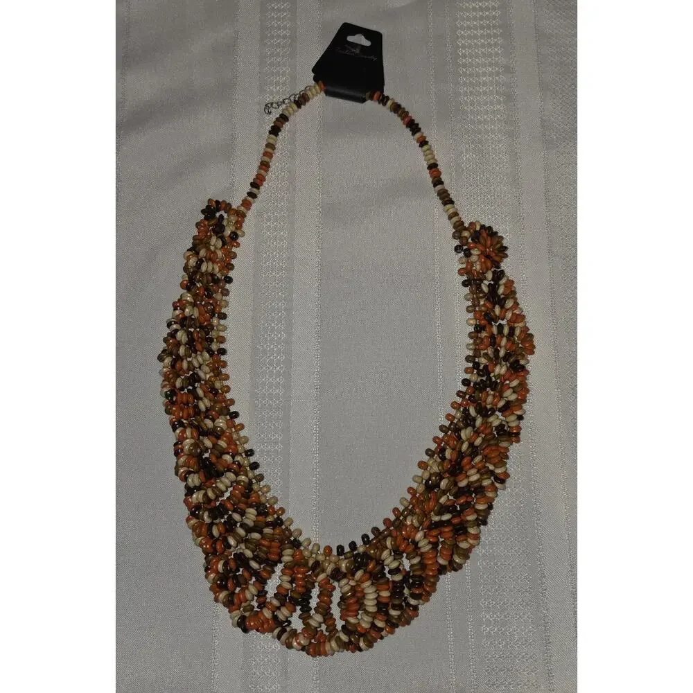 Multi Strand Seed Beads Necklace Fashion Fall Color Orange Brown Cream Costume - Picture 6 of 9